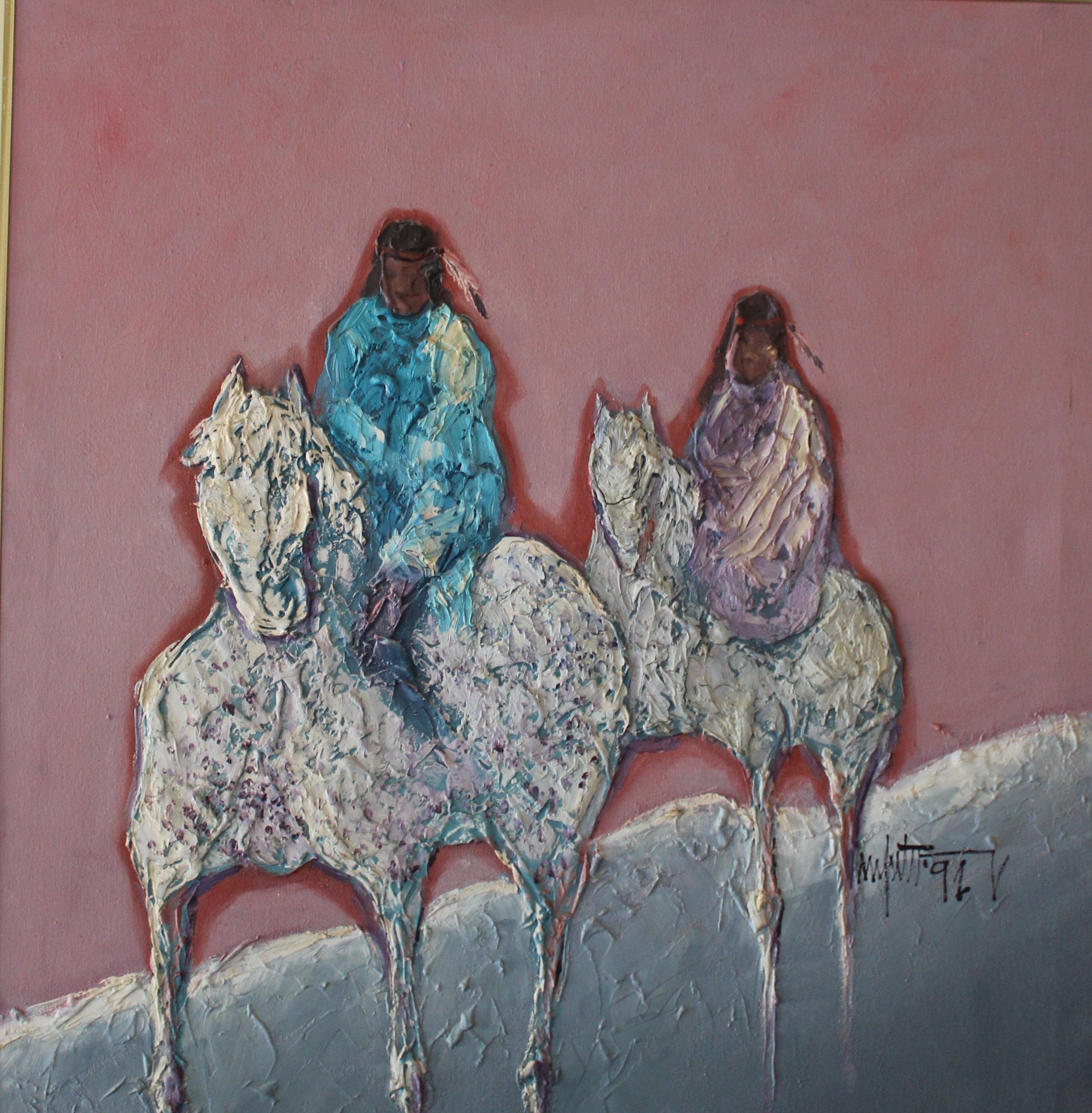 Abstract painting of two Indians on horseback on a pink background