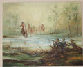 Western Cowboy and Indian painting of a river scene with indigenous and cowboys trapped by a river