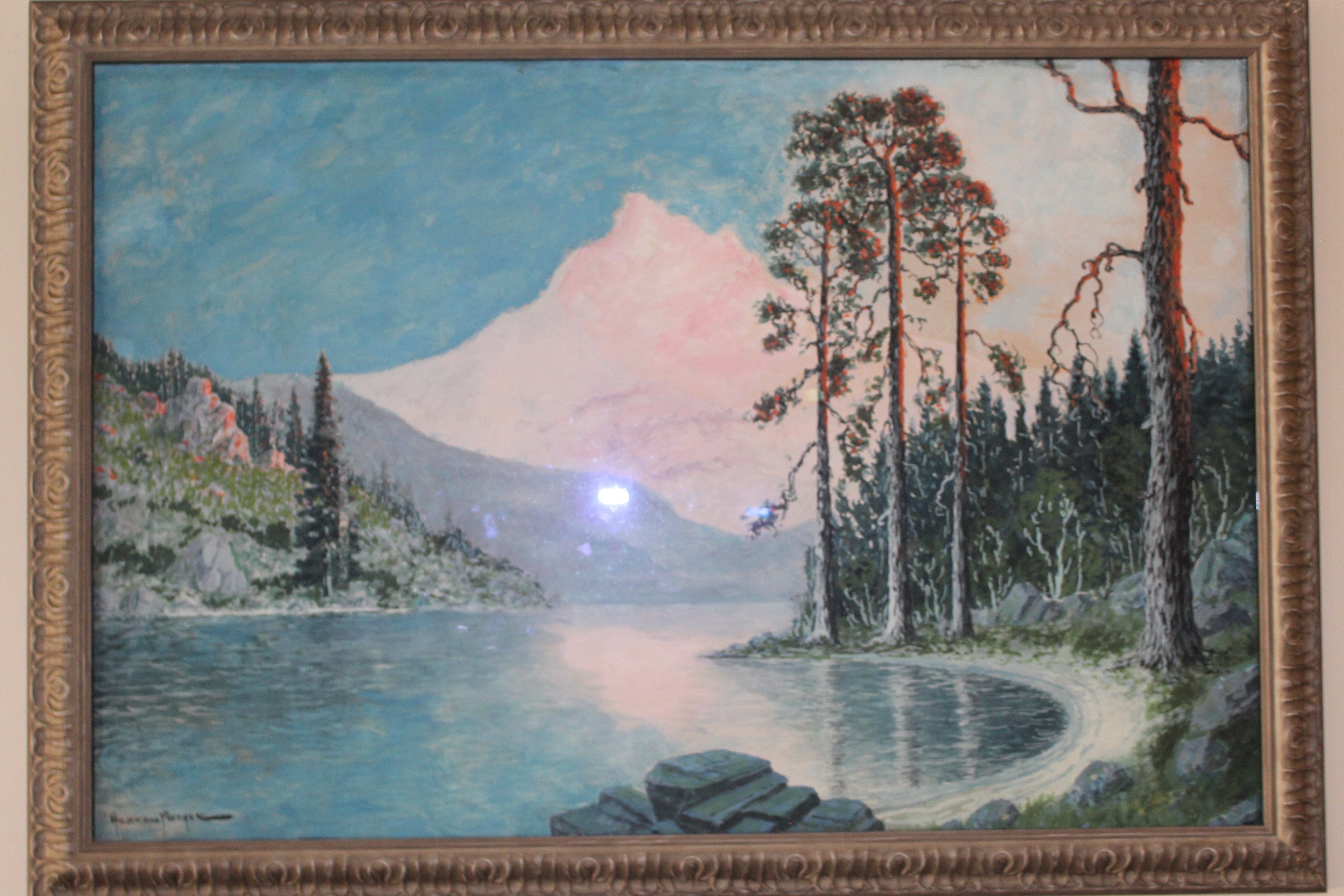 Original Framed painting of a mountain landscape with trees and a lake.